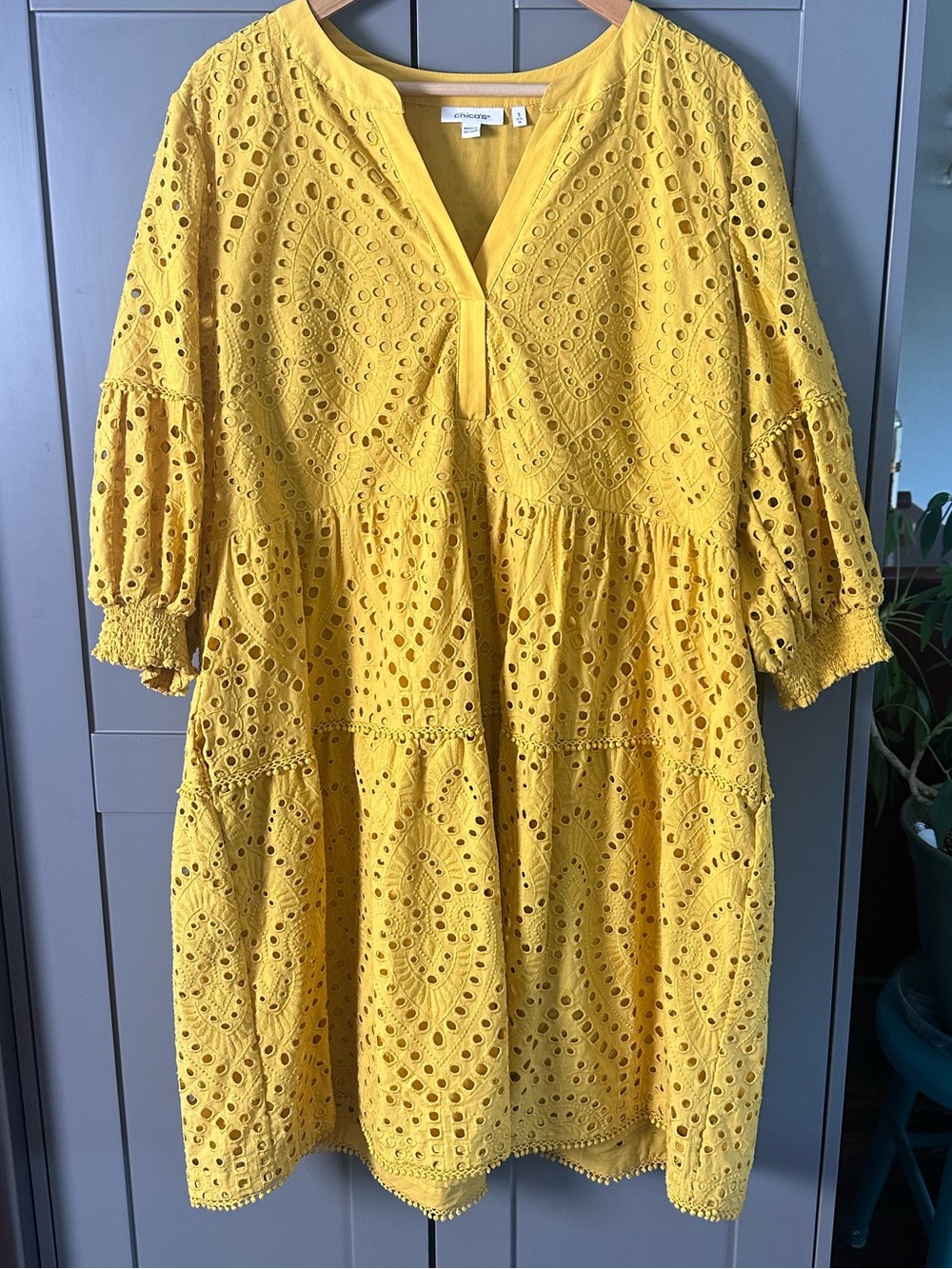 Chico's Bright Yellow Eyelet V-Neck Midi Dress
